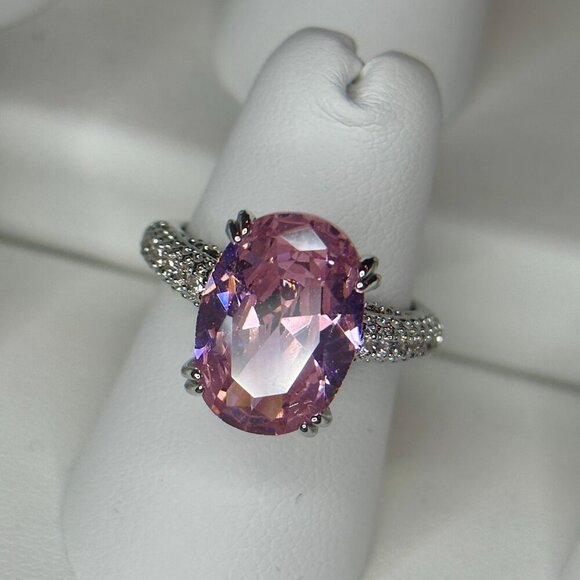 Pink Solitaire Gemstone Ring w/ Clear Accents Silver Plated Engagement size 7 - Picture 11 of 11